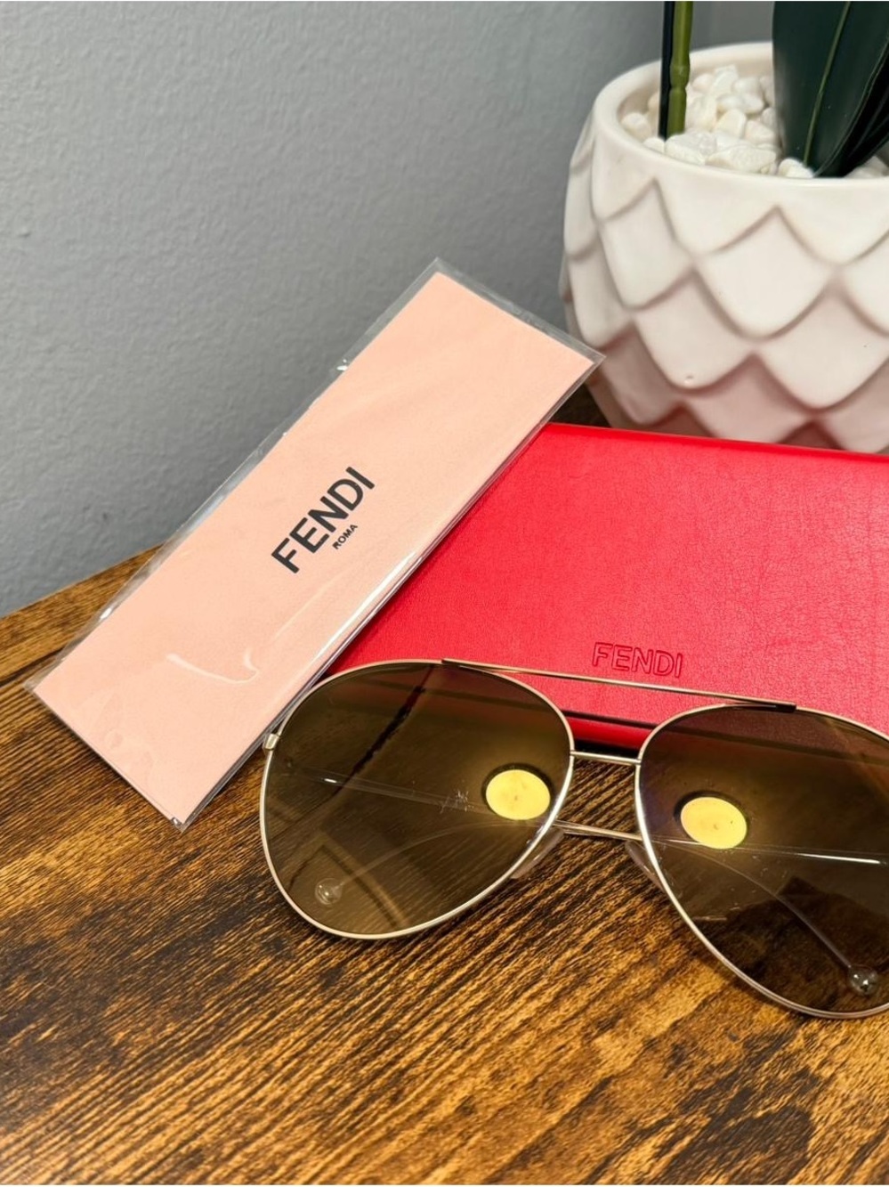 Fendi Gold Frame Sunglasses with Brown Lenses and Red Case